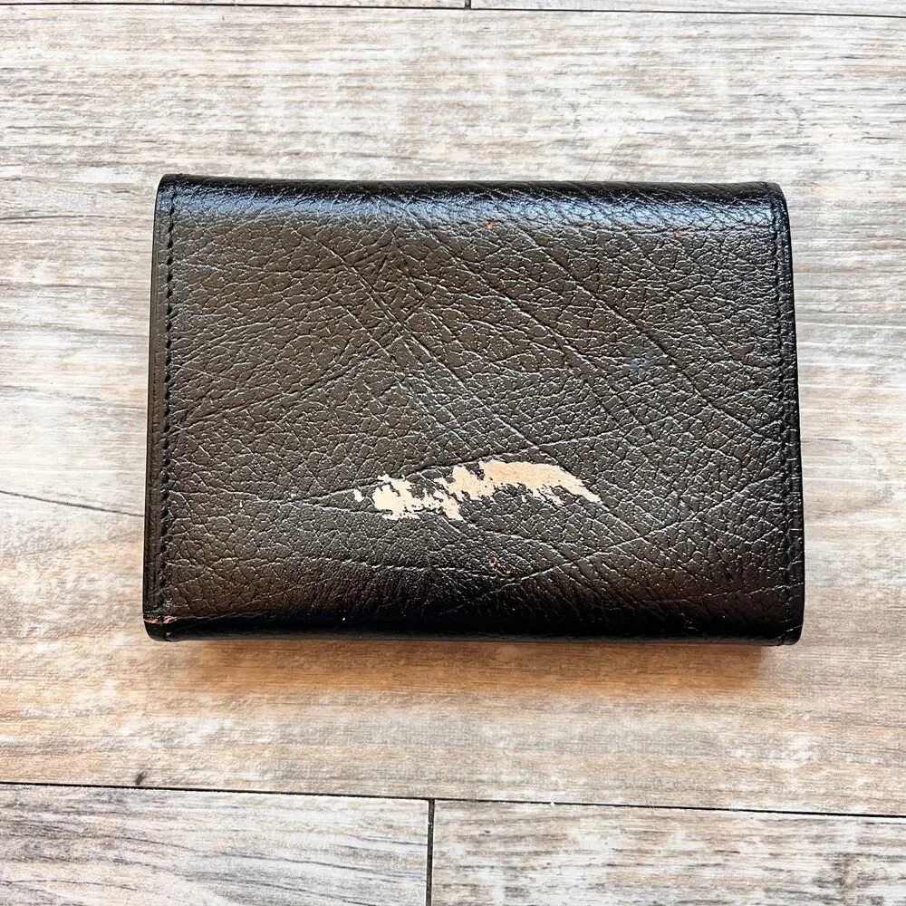 Vintage Shrunken Cowhide Trifold Wallet Black Genuine Leather